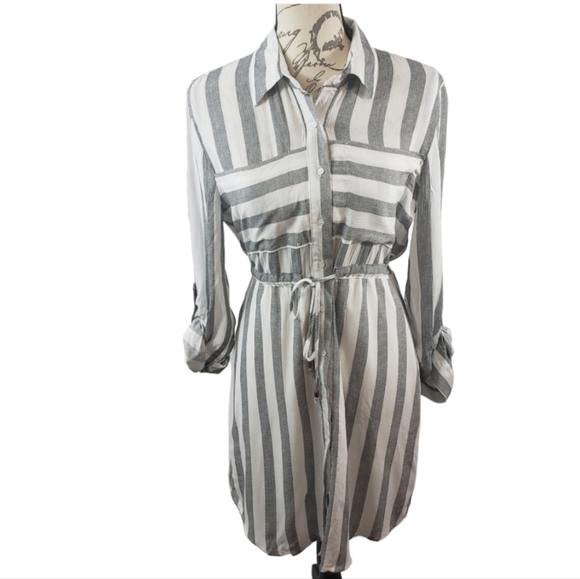 Love Notes Women's Strip Button Up Roll Tab Long Sleeve Shirt Dress - Picture 1 of 8